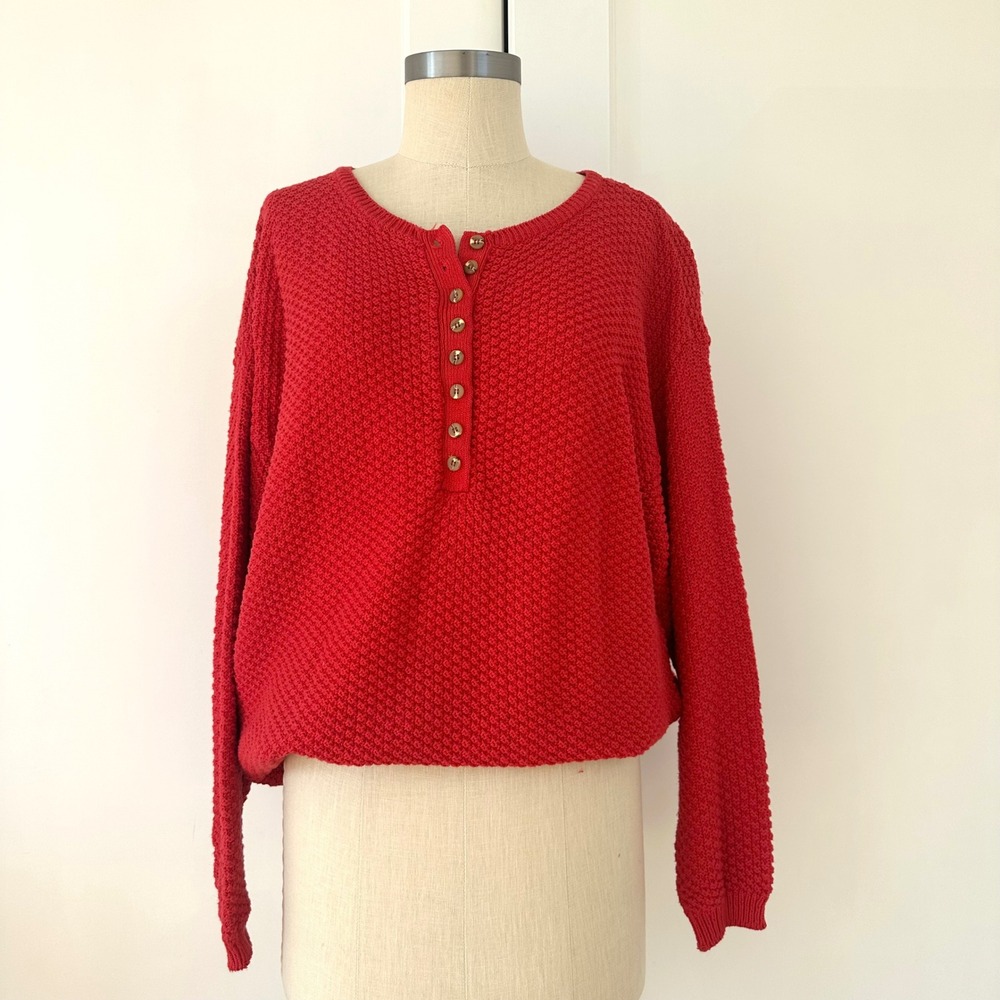 Vintage Venezia Sportswear Red Textured Henley Sweater 90s Y2K Women's Pullover‎